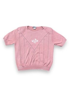 Vintage Pink Rose Embroidered Short Sleeve Sweater Size Large Cottagecore Spring